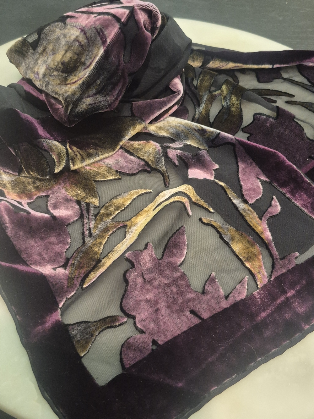 Italian Burnout Handrolled Purple Floral Velvet Scarf 9x54 - Picture 8 of 16